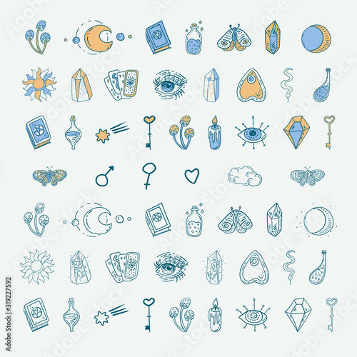 Set of magical elements. Mystic icons in outline, line art, flat style. Vector romantic illustration.