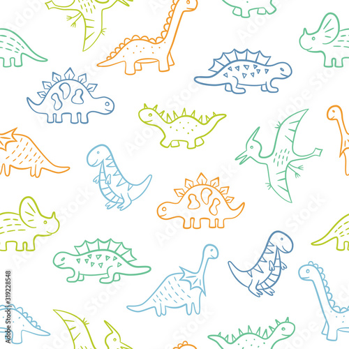 Cute doodle Dinosaurs. Dino colorful seamless pattern. Hand drawn vector illustration on white background