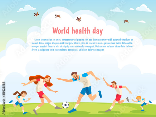 World Health Day. Family Sports. Illustrations of active parents playing sport games in urban park. Funny family couples in cartoon style. Family game sport together, play football