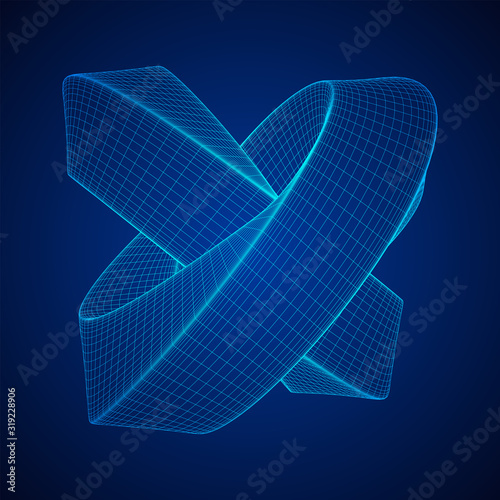 Mobius strip ring knot sacred geometry. Spatial figure with upturned surfaces. Optical illusion with dual circular contour. Wireframe low poly mesh vector illustration.