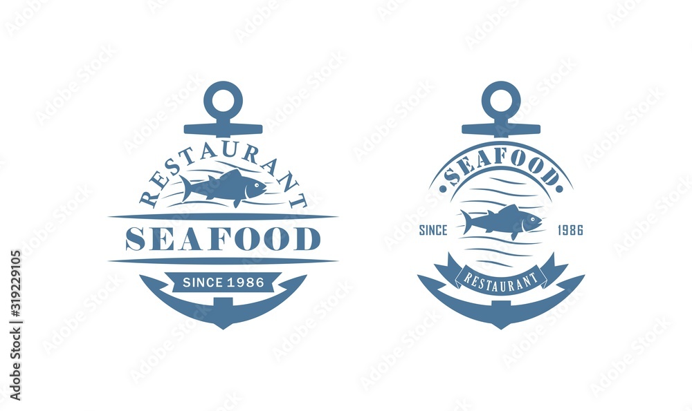 Set of color seafood restaurant logos. Vector illustration of an anchor, fish, waves and text on a white background. Color illustration advertising a restaurant and seafood