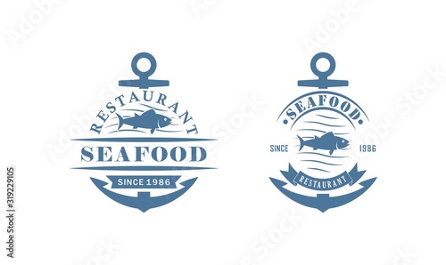 Set of color seafood restaurant logos. Vector illustration of an anchor, fish, waves and text on a white background. Color illustration advertising a restaurant and seafood photo