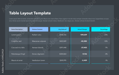 Modern business table layout template - dark version. Flat design, easy to use for your website or presentation.