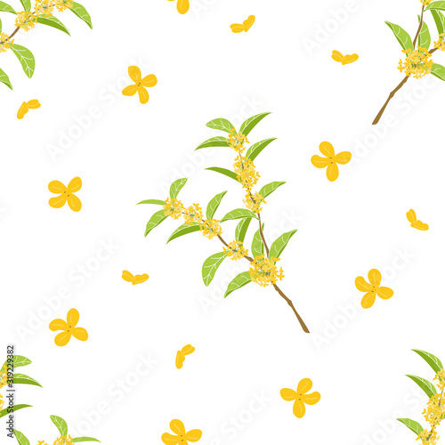 Cute hand drawn flowering tree background. Cartoon fragrant tea olive tree pattern background. Sweet osmanthus or osmanthus fragrans and evergreen foliage background. Great for wallpaper, textile.