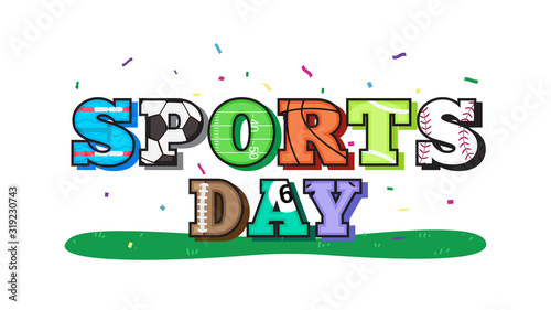Sports Day Banner vector illustration. Text, Sport equipment inside alphabet isolated on white background