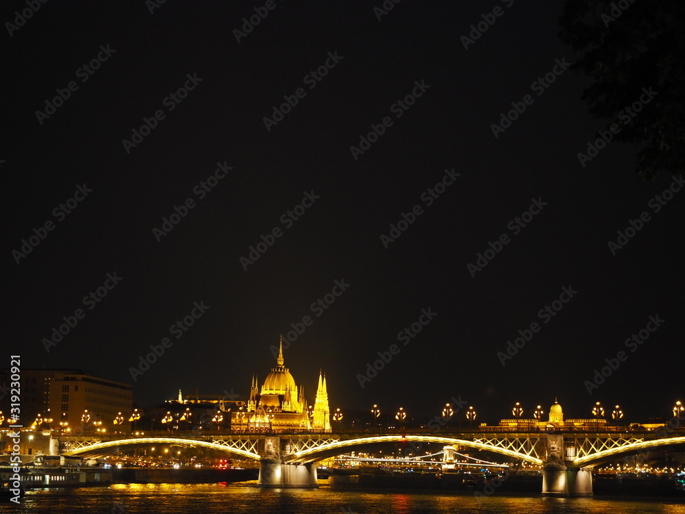 Fototapeta premium A beautiful night panorama of Budapest the capital of Hungary with Danube river and illuminated bridge and Parliament in summer