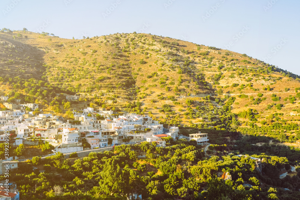A small village among the mountains in the heart of the island of Crete. European landscapes.