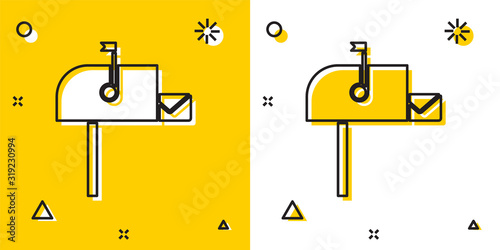 Black Open mail box icon isolated on yellow and white background. Mailbox icon. Mail postbox on pole with flag. Random dynamic shapes. Vector Illustration