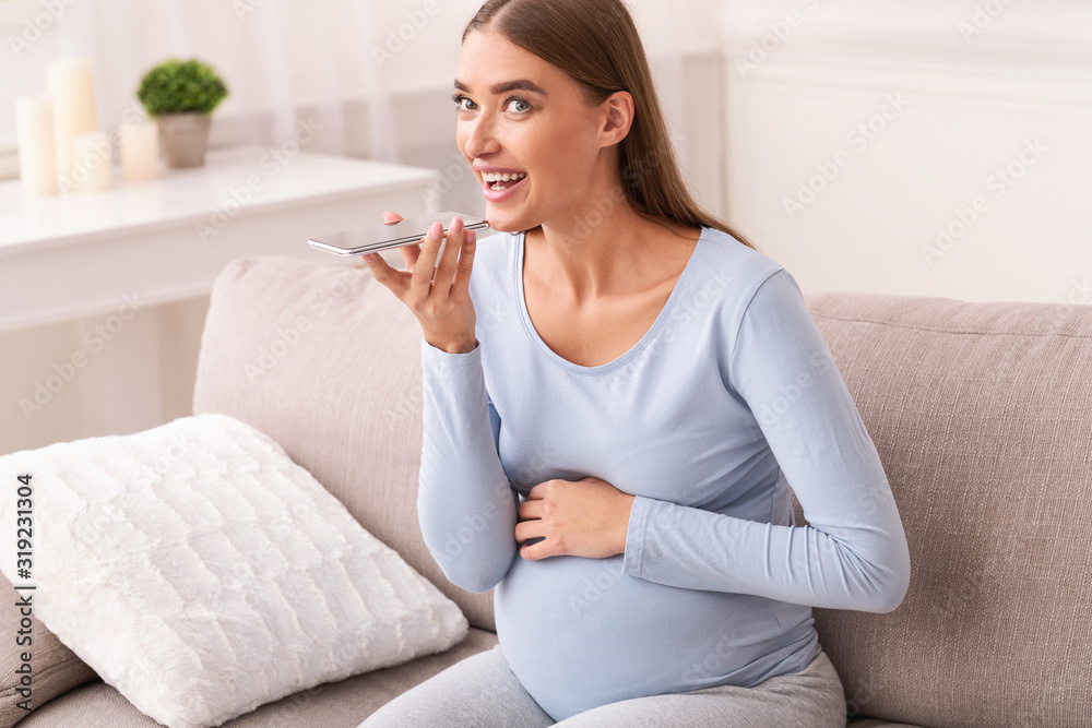 Pregnant Lady Using Mobile Phone Voice Assistant Sitting On Sofa Pregnant Lady Using Mobile Phone Voice Assistant Sitting On Sofa