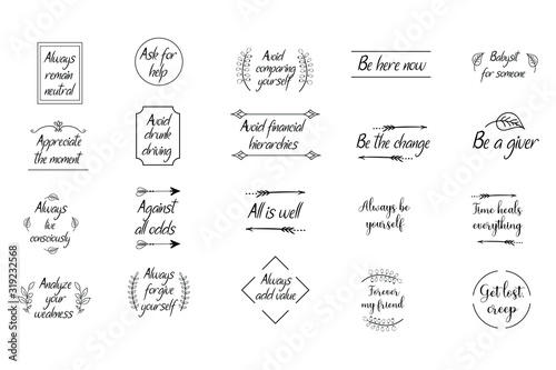 Set of 20 vector Motivation Inspiring Quotes. Ready to post in social media, brochure, magazine