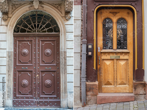 two old wooden doors trimmed with metal decorations from different cities of Europe