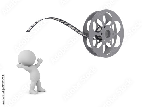 3D Character looking excited at film reel