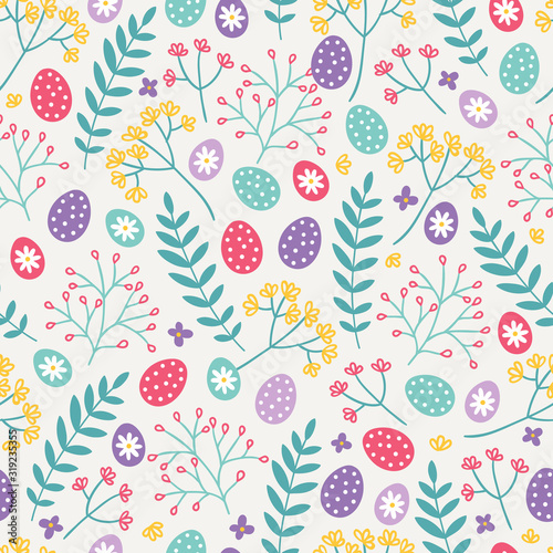 Easter seamless pattern with herbs  bright eggs and flowers