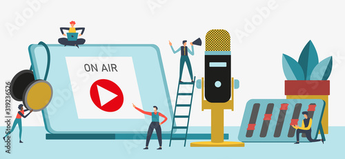 Flat vector illustration for podcasting, broadcasting, straeming or online radio. Equipment for entertaiment, recording the podcasts and streaming games and etc.