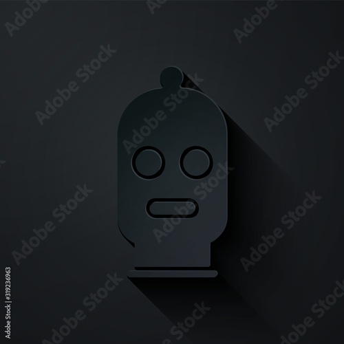 Paper cut Balaclava icon isolated on black background. A piece of clothing for winter sports or a mask for a criminal or a thief. Paper art style. Vector Illustration
