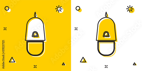 Black Police cap with cockade icon isolated on yellow and white background. Police hat sign. Random dynamic shapes. Vector Illustration