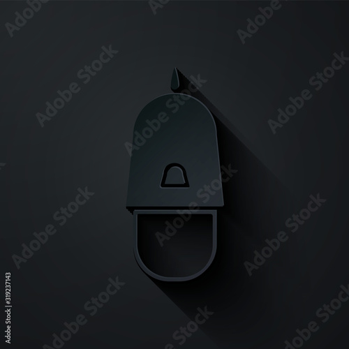 Paper cut Police cap with cockade icon isolated on black background. Police hat sign. Paper art style. Vector Illustration