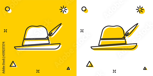 Black Oktoberfest hat icon isolated on yellow and white background. Hunter hat with feather. German hat. Random dynamic shapes. Vector Illustration