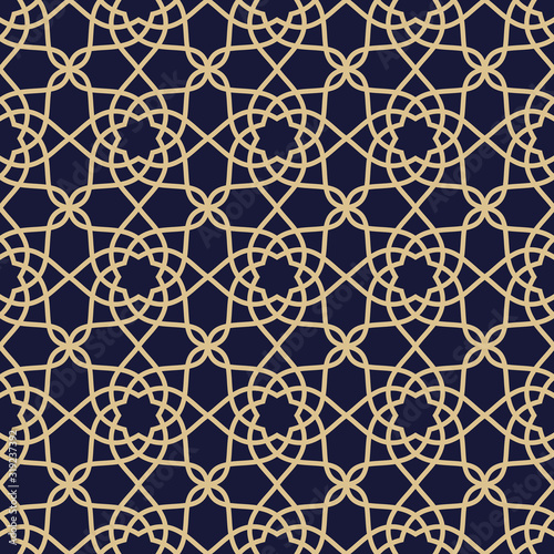 Islamic ornamental seamless pattern. Vector oriental background in navy blue and gold colors.