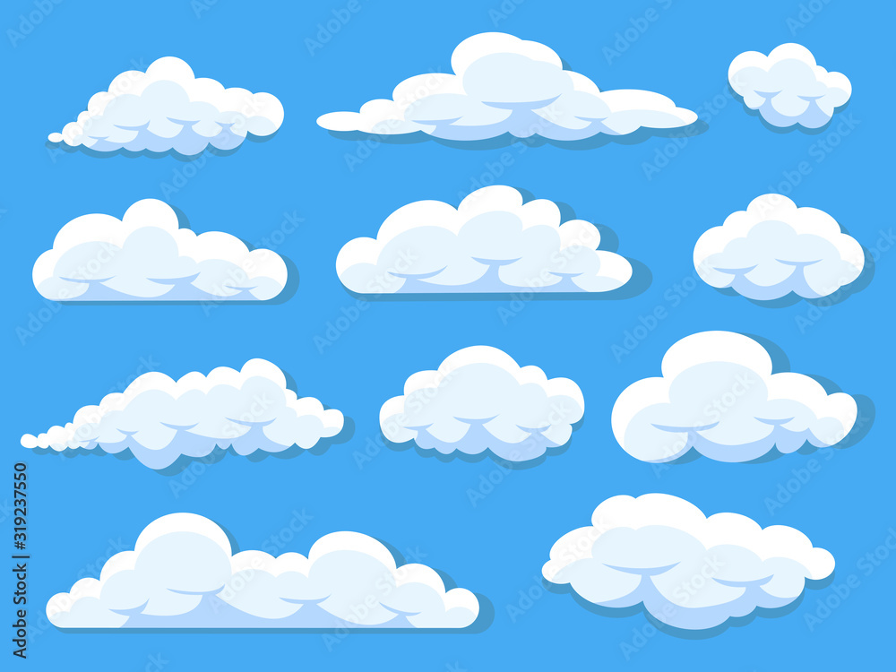 Naklejka Zestaw różnych chmur kreskówka na białym tle na błękitne niebo panorama wektor zbiory