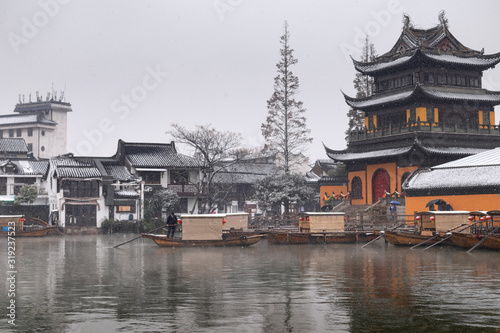 Snowfall in an ancient chinese city Zhujiajiao  Shangha  China