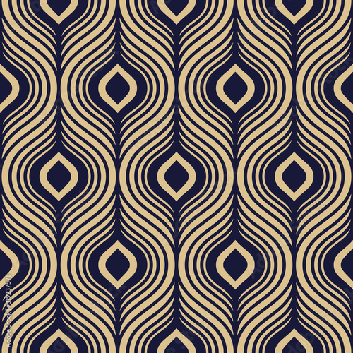 Simple stylish geometric seamless pattern. Vector background in navy blue and gold colors.