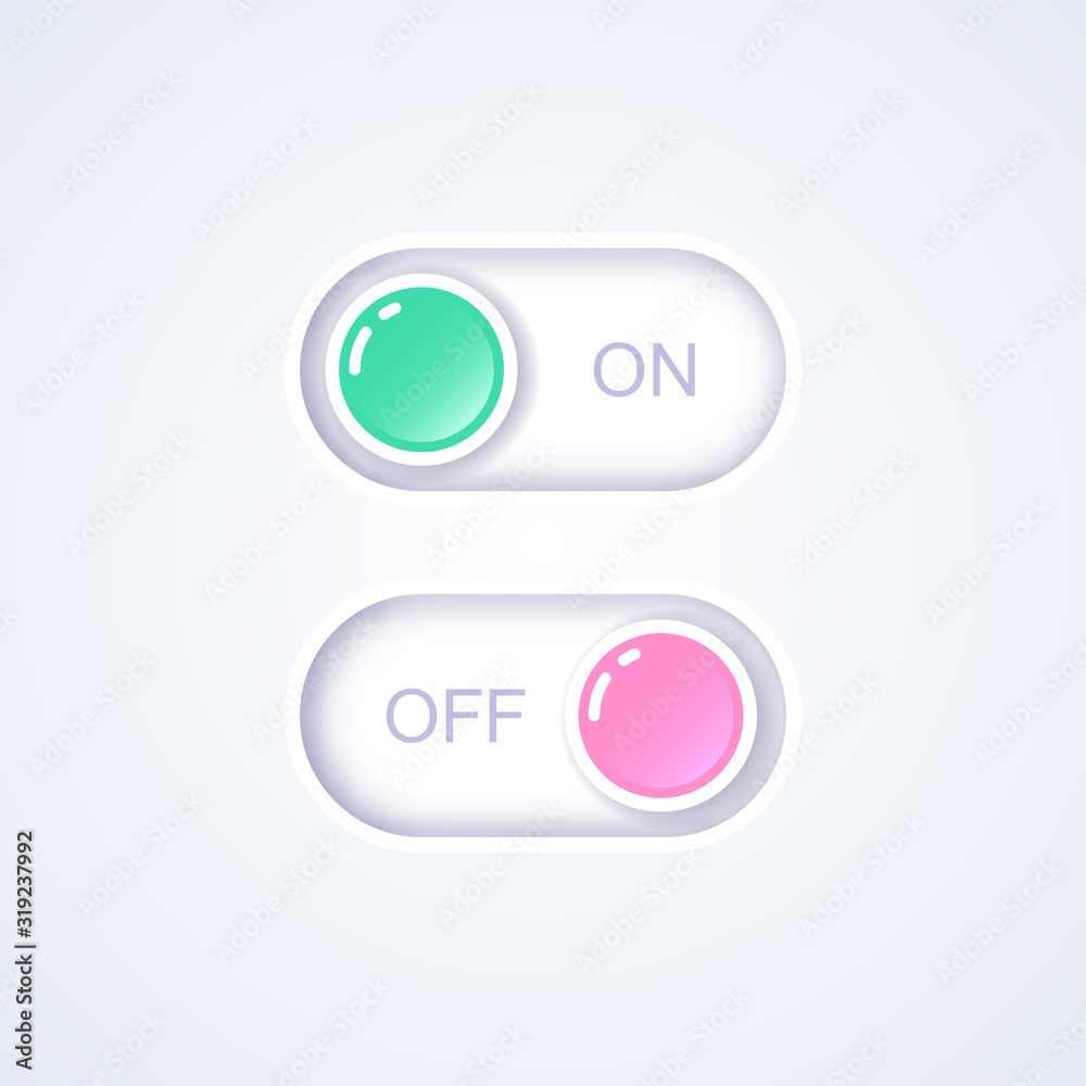 On and Off slider button. Switch interface button. Vector 3d illustration. Flat icon On and Off toggle switch button. Switch toggle button, slider in ON and OFF position