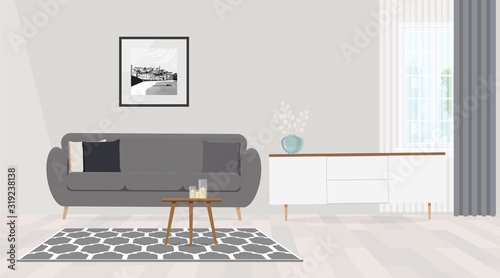Black and white painting on empty wall of cozy living room interior