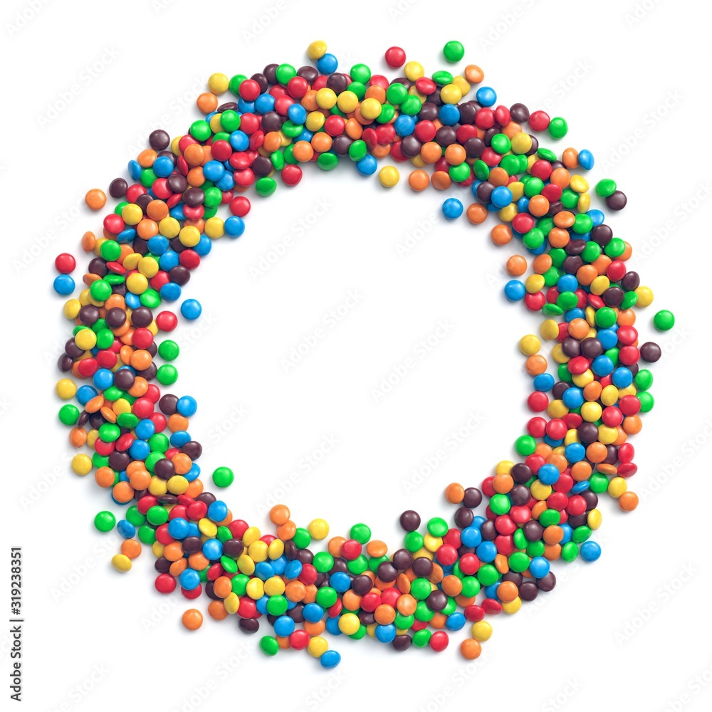 Colorful coated chocolate candies arranged in circle frame. 3d illustration