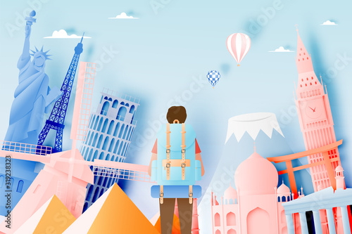 Backpacker with various travel attractions