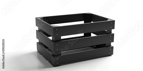 Crate, empty black wooden box isolated against white background. 3d illustration