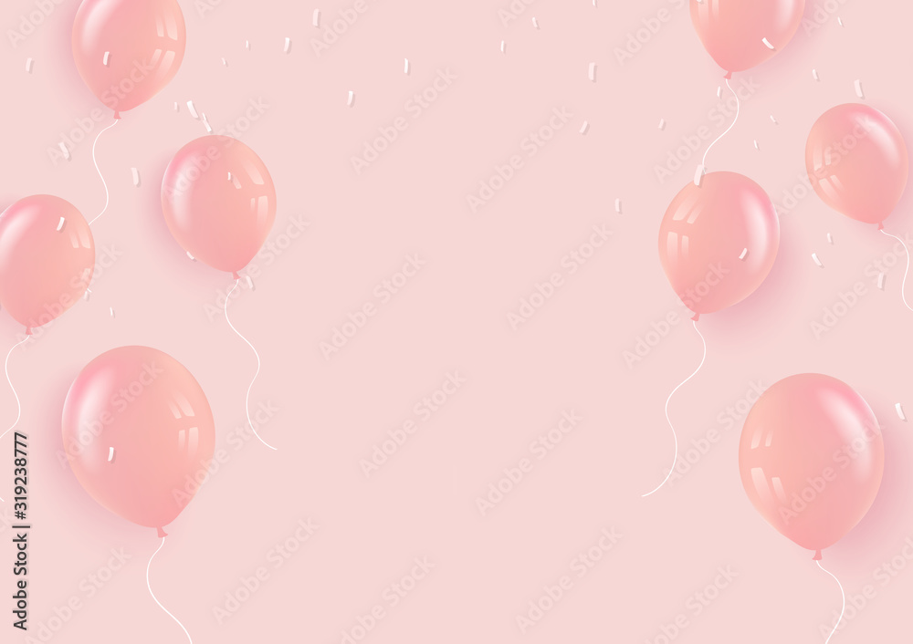 Confetti and balloons, celebration pink pastel background, decoration greeting card, banner poster vector illustration