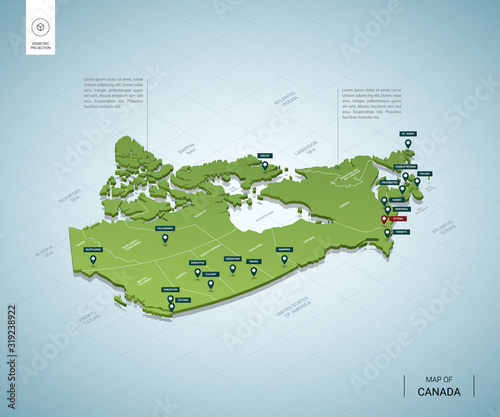 Stylized map of Canada. Isometric 3D green map with cities, borders, capital Ottawa, regions. Vector illustration. Editable layers clearly labeled. English language.