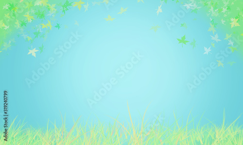 Delicate background in light blue and green colors with grass and flying maple leaves. Banner and website