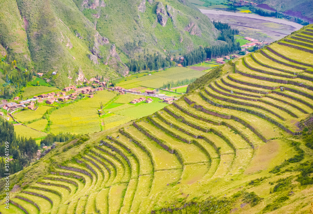 Beautifully shaped farming terraces on the hill near Pisac town in Peru