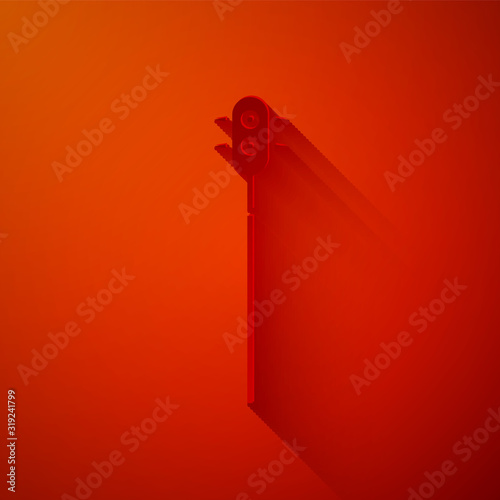 Paper cut Medieval chained mace ball icon isolated on red background. Medieval weapon. Paper art style. Vector Illustration