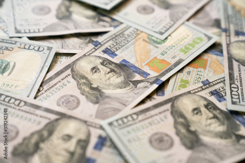close up US one hundred dollars bills money, business and finance concept photo