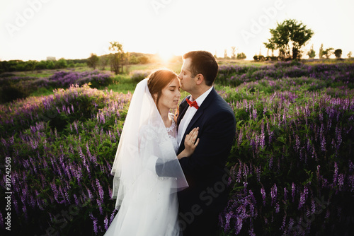 Bride and groom hugging at sunset.Happy bride and groom smiling.Happy bride and groom after the wedding ceremony.Wrdding day.Beautiful young couple in a field with flowers photo