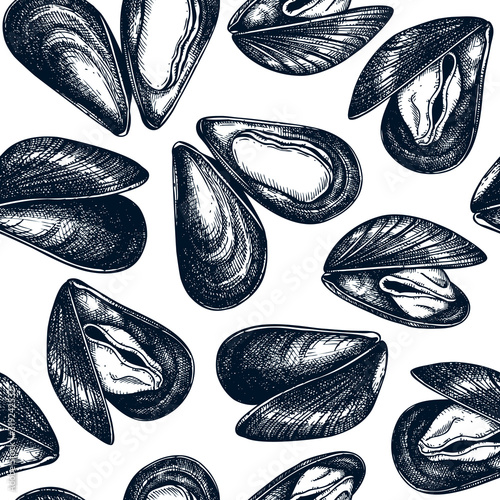Hand Drawn mussels seamless pattern. Vector package, banner, cover, wrapping paper template with trendy seafood elements. Realistic cooked mussels background.