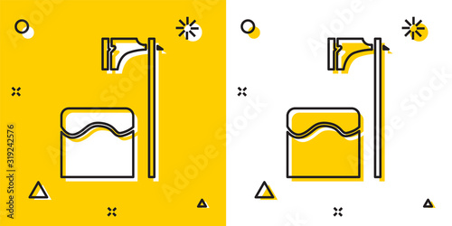 Black Executioner axe in tree block icon isolated on yellow and white background. Hangman, torturer, executor, tormentor, butcher, headsman. Random dynamic shapes. Vector Illustration