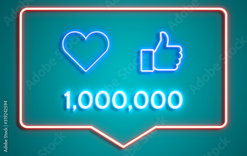 social media concept banner with number of one million interactions in your account. all with neon lights effects