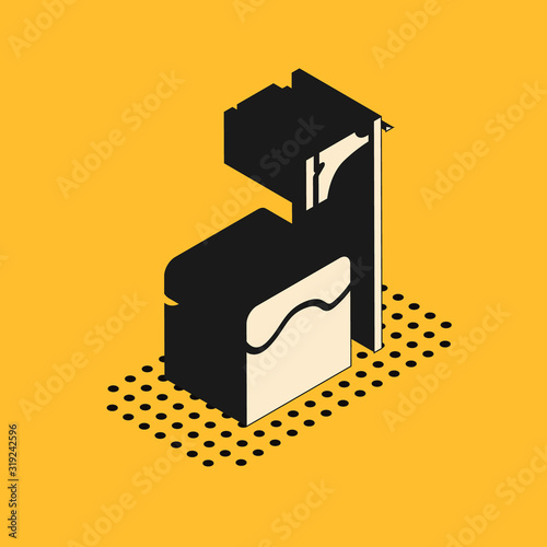 Isometric Executioner axe in tree block icon isolated on yellow background. Hangman, torturer, executor, tormentor, butcher, headsman. Vector Illustration