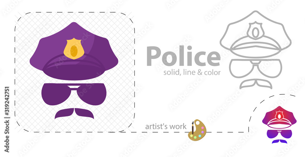 Police vector flat illustration, solid, line icon