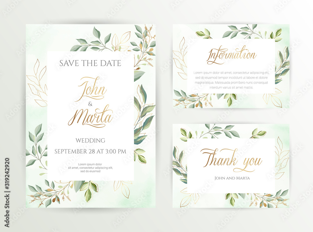 Watercolor wedding set. Set of card with leaves and golden geometric frame. Design with forest green leaves, eucalyptus, fern. Floral Trendy templates for banner, flyer, poster, greeting. eps10