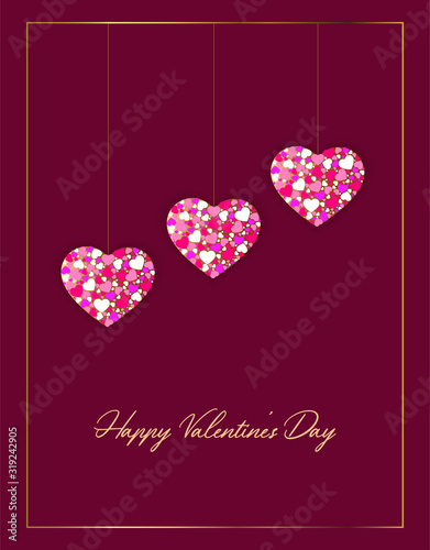 Happy Valentine's Day greeting card, invitation card, banner, poster, postcard with hanging pink, white hearts and text on violet isolated background