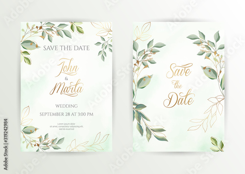 Watercolor wedding set. Set of card with leaves and golden geometric frame. Design with forest green leaves, eucalyptus, fern. Floral Trendy templates for banner, flyer, poster, greeting. eps10