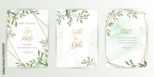 Watercolor wedding set. Set of card with leaves and golden geometric frame. Design with forest green leaves, eucalyptus, fern. Floral Trendy templates for banner, flyer, poster, greeting. eps10