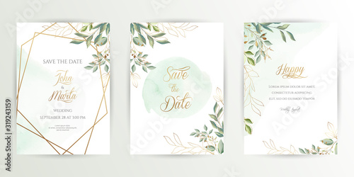 Watercolor wedding set. Set of card with leaves and golden geometric frame. Design with forest green leaves, eucalyptus, fern. Floral Trendy templates for banner, flyer, poster, greeting. eps10 photo
