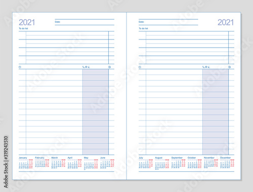 Datebook 2021. Diary 2021. Daily planner 2021. Template design office book to every day, calendar