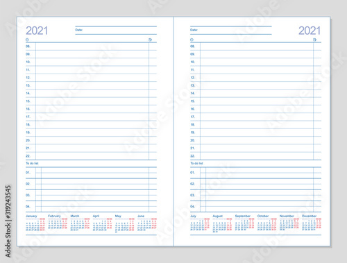 Datebook 2021. Diary 2021. Daily planner 2021. Template design office book to every day, calendar